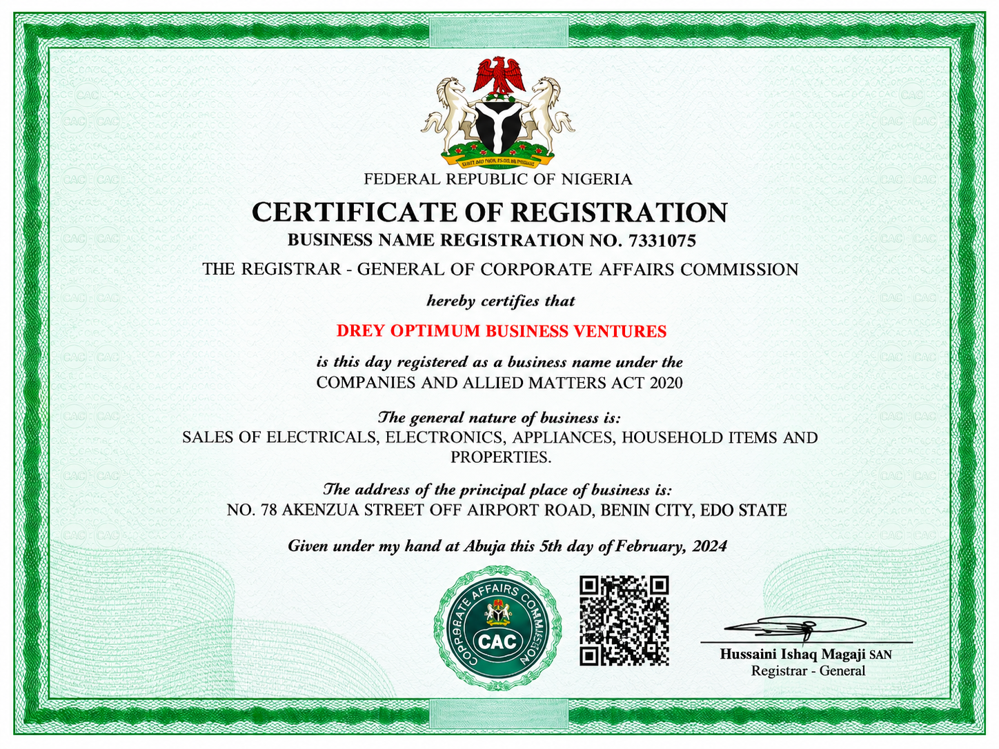 Drey Agency CAC registration certificate
